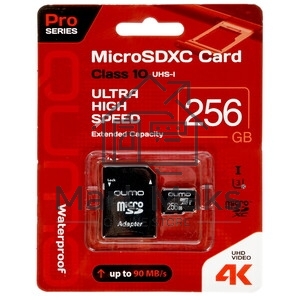 Флеш карта QUMO MicroSDXC 256 Gb 90/70 МБ/с UHS-I U3, Pro seria 3.0, адаптер в комплекте SD, красная картонная упаковка (QM256GMICSDXC10U3)