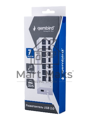 Разветвитель USB2.0 Gembird UHB-U2P7-01W, 7хUSB, с доп. питанием, подсветка и выключатели, кабель USB 55см, белый, коробка