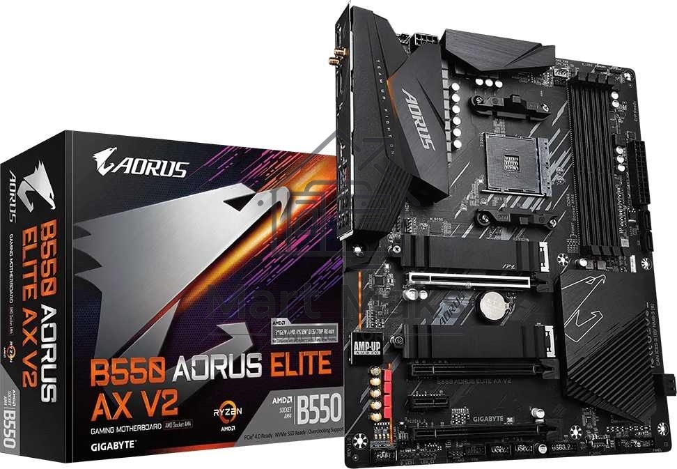 Материнская плата GIGABYTE B550 AORUS Elite AX V2, AM4, AMD B550, 4xDDR4, 4xSATA, 2xM.2, 1xPCIe 4.0 x16, 2xPCIe 3.0 x1, 1xDP, 1xHDMI, 1x2.5Gb LAN, Wi-Fi 6, Bluetooth 5, 2xUSB-A 10Gbps, 3xUSB-A 5Gbps, 2xUSB-A 2.0, 1xUSB-C 5Gbps, 5x3.5 мм, 7.1, ATX