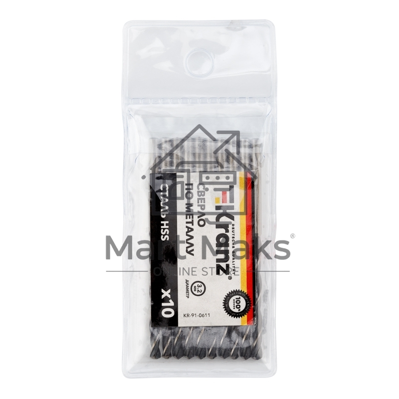 Сверло по металлу 3,2х65х36 мм HSS (10 шт. в упаковке) DIN 338 Kranz