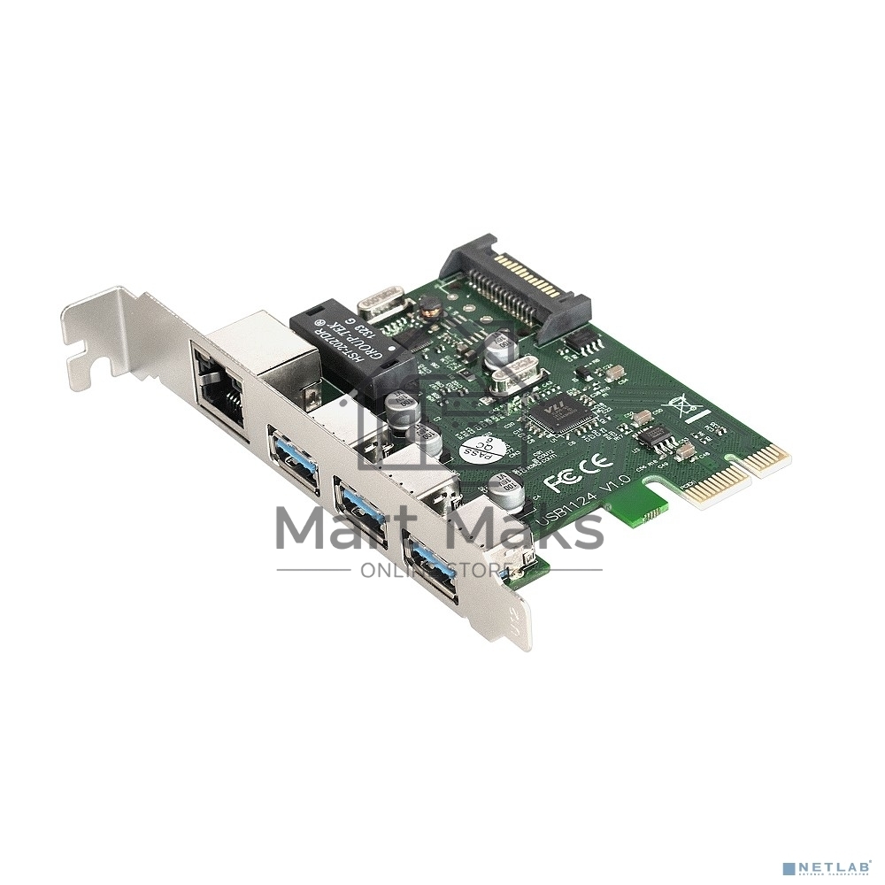 Контроллер сетевой ExeGate EXE-361 PCI-E 2.0, 3*USB3.0 ext + LAN UTP 1000Mbps, раз.доп.пит.OEM)
