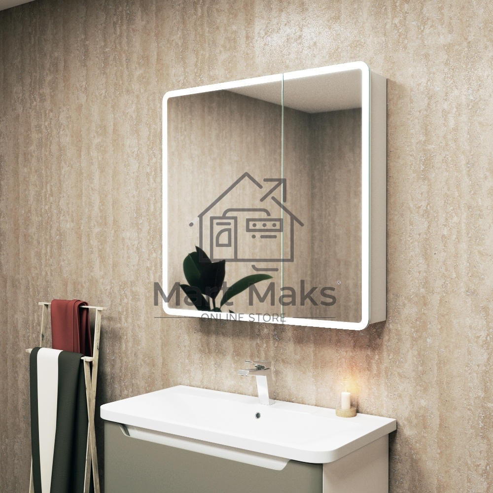 Зеркальный шкаф Bau Stil 80х80, LED подсветка, сенсор, плавное закрывание, оборачиваемый