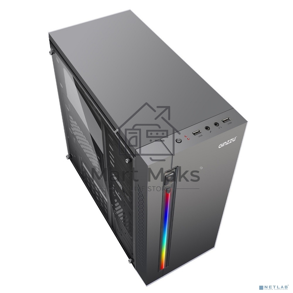 Компьютерный корпус MiniTower Ginzzu D370, RGb, Акриловое стекло, mATX, 2xUSB 2.0, черный, без БП, без вентиляторов