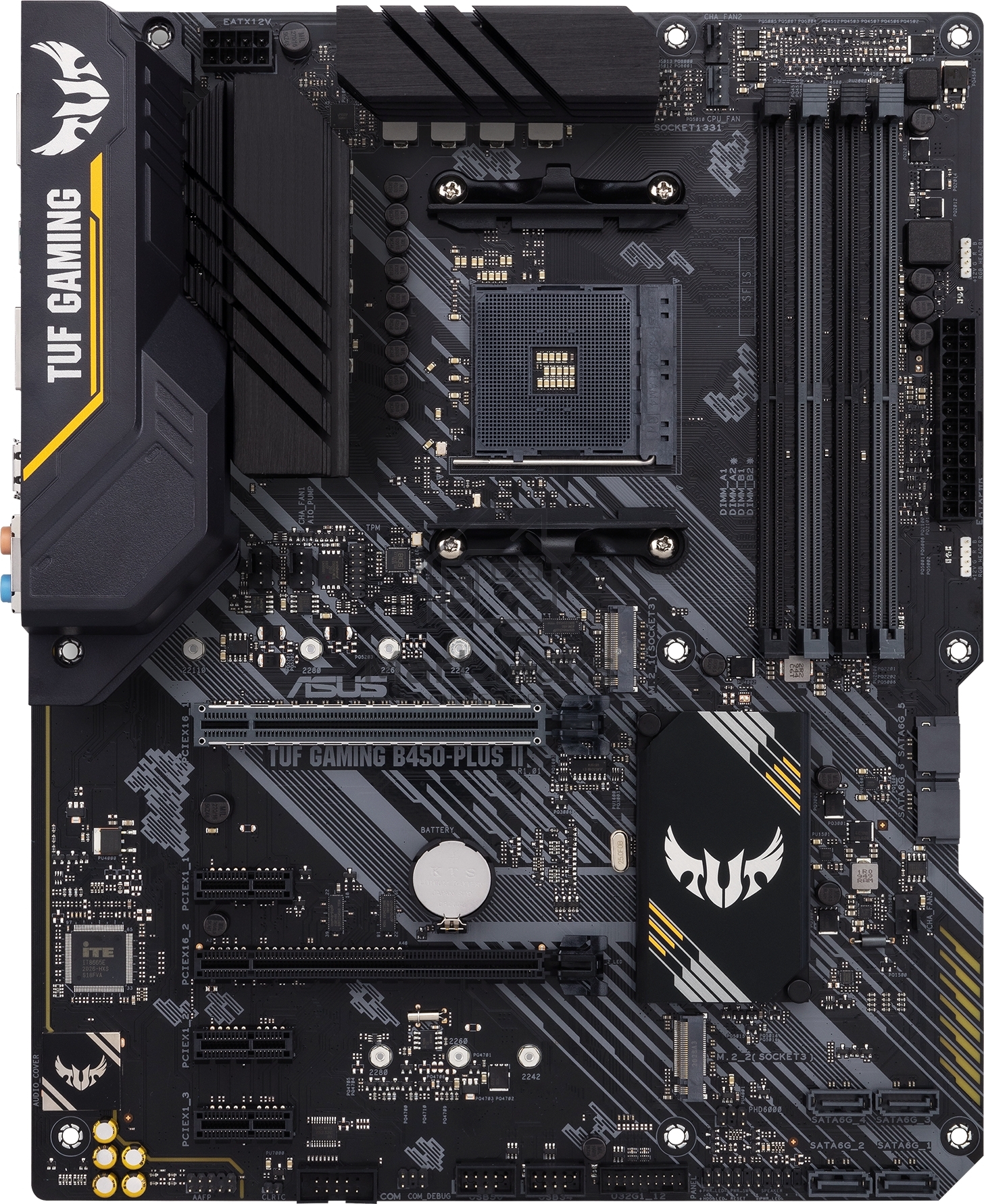 Материнская плата ASUS TUF GAMING B450-PLUS II, AM4, AMD B450, 4xDDR4, 6xSATA, 2xM.2, 1xPCI-E 3.0 x16, 1xPCI-E 2.0 x16, 3xPCI-E x1, 1xHDMI, 1xDP, 1x 1Gb LAN, 4xUSB 3.2 Gen 1, 1xUSB 3.2 Gen 2, 1xUSB-C 3.2 Gen 2, 5x3.5 мм, 7.1, ATX