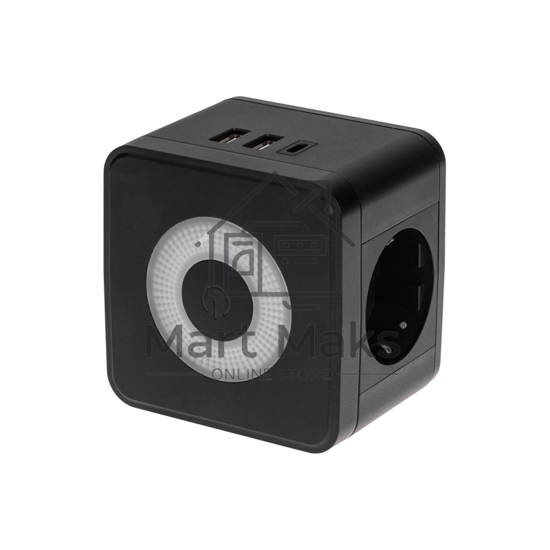 Двойник электрический Куб 16А с заземлением + 2хUSB-A 2,4А + USB Type-C 3А с ночной подсветкой, черный Rexant