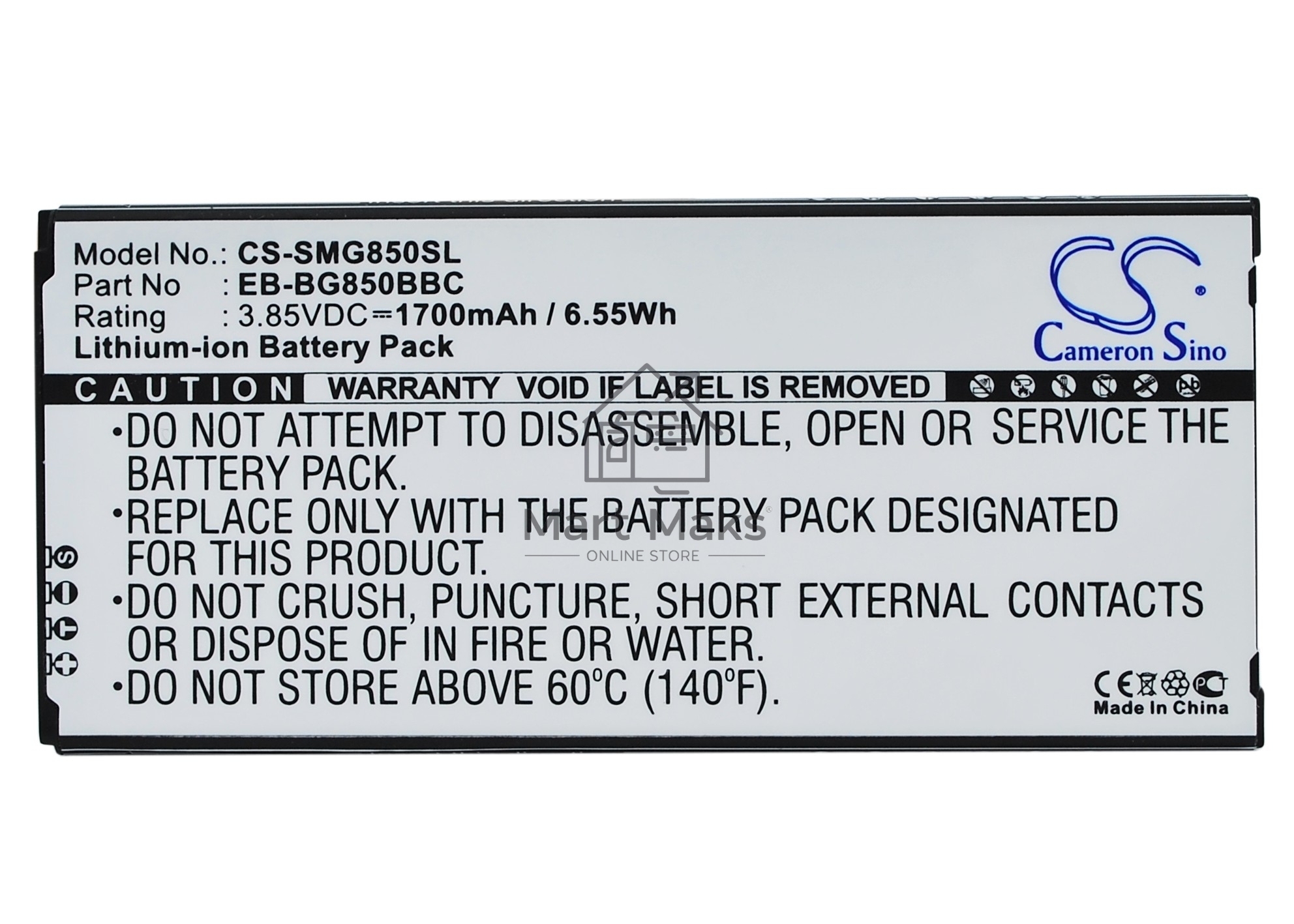 Аккумулятор CameronSinoCS-SMG850SL для Samsung Alpha SM-G850 3.85V / 1700mAh / 6.55Wh