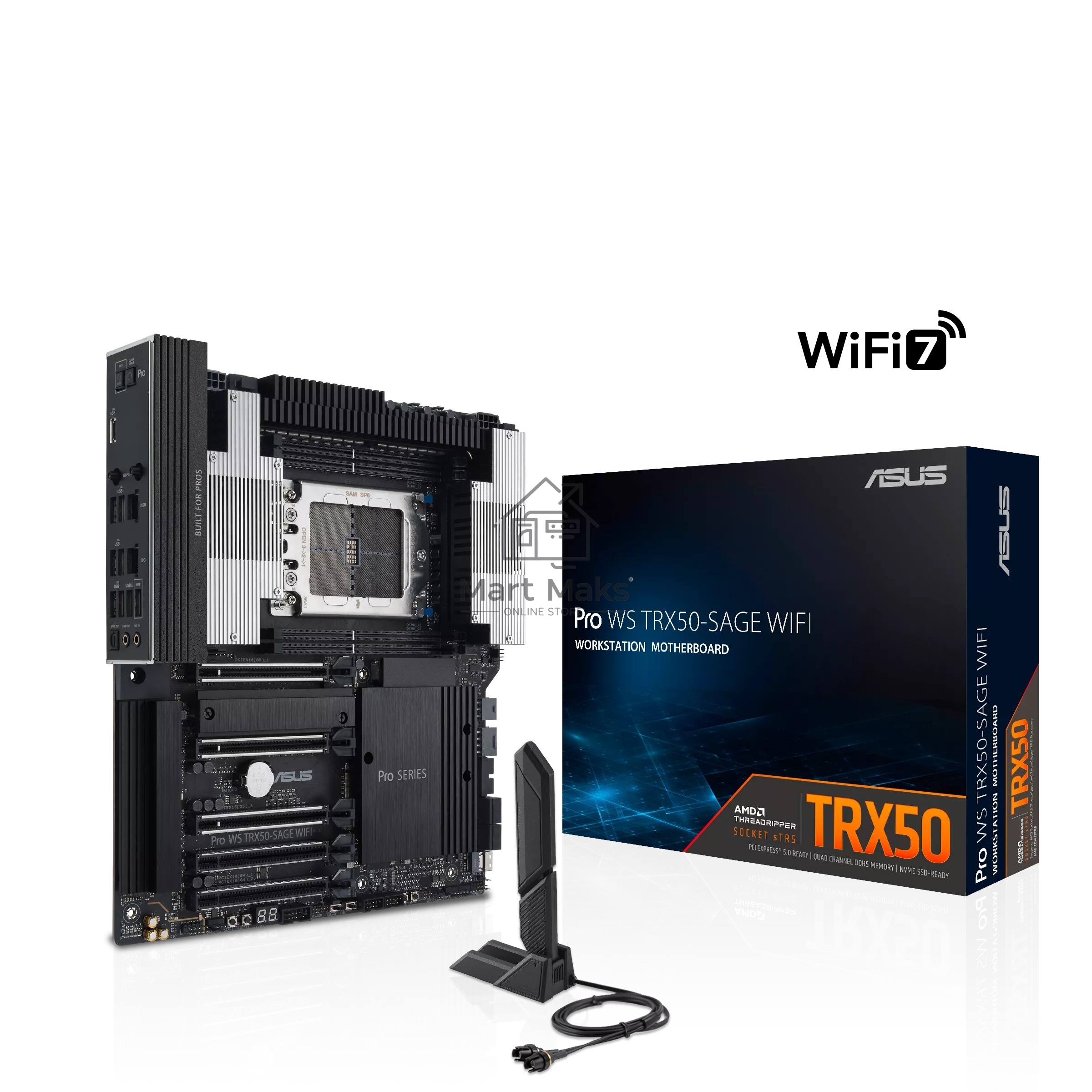 Материнская плата ASUS Pro WS TRX50-SAGE WIFI, sTR5, AMD TRX50, 4xDDR5, 4xSATA, 3xM.2, 1xSlimSAS, 1xPCI-E 5.0 x8, 1xPCI-E 4.0 x16, 1xPCI-E 4.0 x4, 2x 10Gb LAN, 2xUSB-A 2.0, 6xUSB-A 3.2 Gen 2, 1xUSB-C 3.2 Gen 2x2, 2x3.5 мм, 5.1, E-ATX