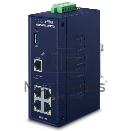 Коммутатор PLANET IVR-100 Industrial 5-Port 10/100/1000T VPN Security Gateway: Dual-WAN Failover and Load Balancing, Cyber Security, SPI Firewall, Content Filtering, DoS Attack Prevention, Port Range Forwarding, SSL VPN and robust hybrid VPN (IPSec/GRE/PP