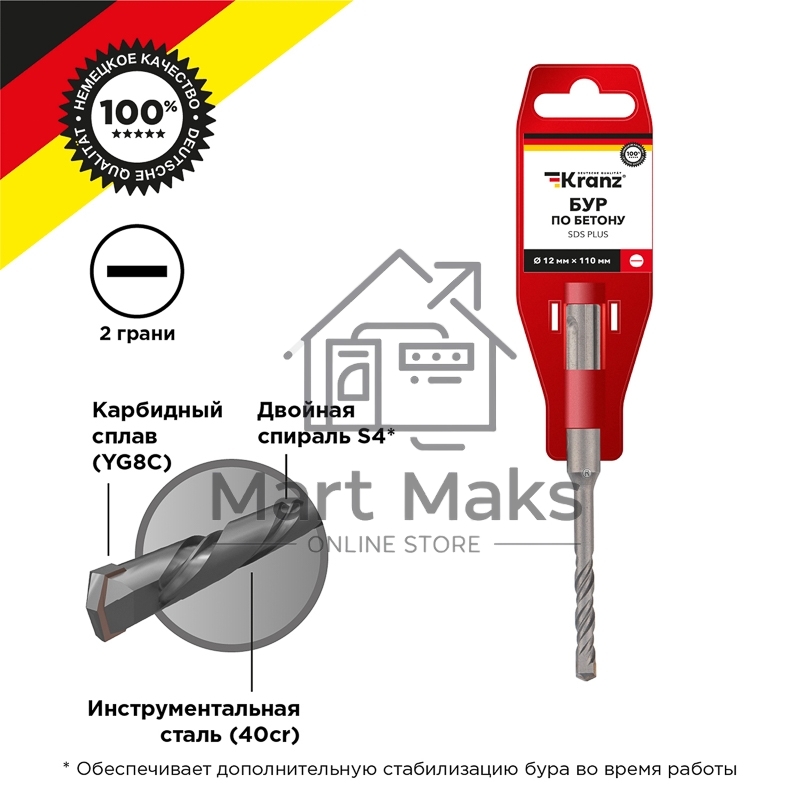Бур по бетону 12x110x50 мм SDS PLUS Kranz
