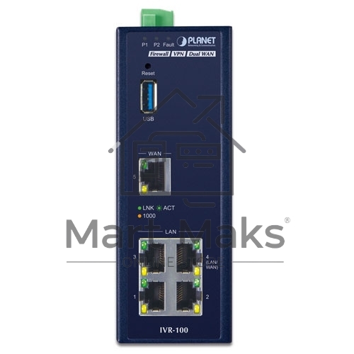 Коммутатор PLANET IVR-100 Industrial 5-Port 10/100/1000T VPN Security Gateway: Dual-WAN Failover and Load Balancing, Cyber Security, SPI Firewall, Content Filtering, DoS Attack Prevention, Port Range Forwarding, SSL VPN and robust hybrid VPN (IPSec/GRE/PP