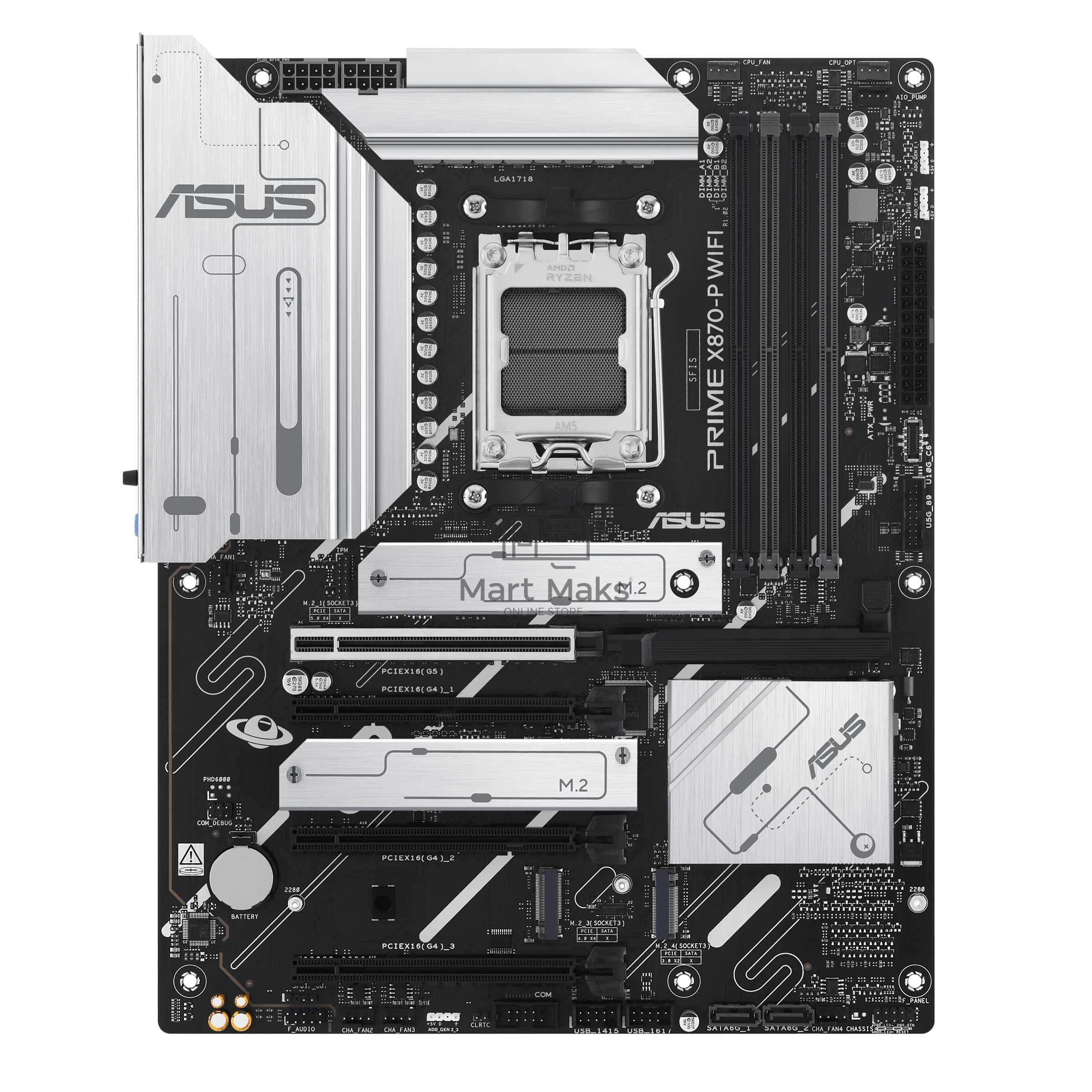 Материнская плата ASUS PRIME X870-P WIFI, AM5, AMD X870, 4xDDR5, 2xSATA, 4xM.2, 1xPCI-E 5.0 x16, 2xPCI-E 4.0 x1, 1xHDMI, 2xUSB-C, 1x 2.5Gb LAN, 4xUSB-A 3.2 Gen 1, 1xUSB-A 3.2 Gen 2, 4xUSB-A 2.0, 3x3.5 мм, 7.1, 1xWi-Fi 7, ATX