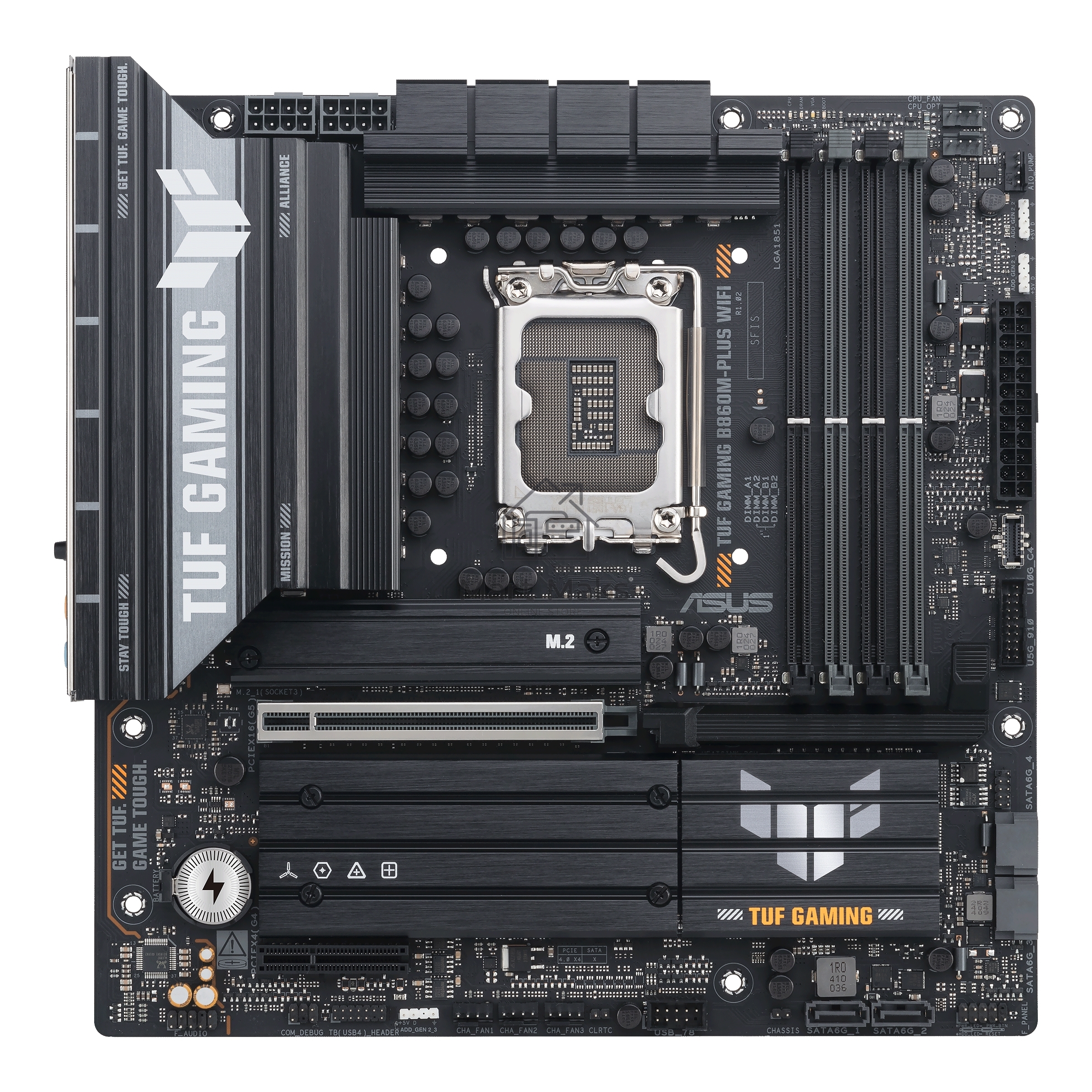 Материнская плата ASUS TUF GAMING B860M-PLUS WIFI, LGA 1851, Intel B860, 4xDDR5, 4xSATA, 3xM.2, 1xPCIe 5.0 x16, 1xPCIe x4, 1xUSB-C, 4xUSB-A 3.2 Gen 1, 2xUSB-A 3.2 Gen 2, 1xHDMI, 1xDP, 1x2.5Gb LAN, 7.1, mATX