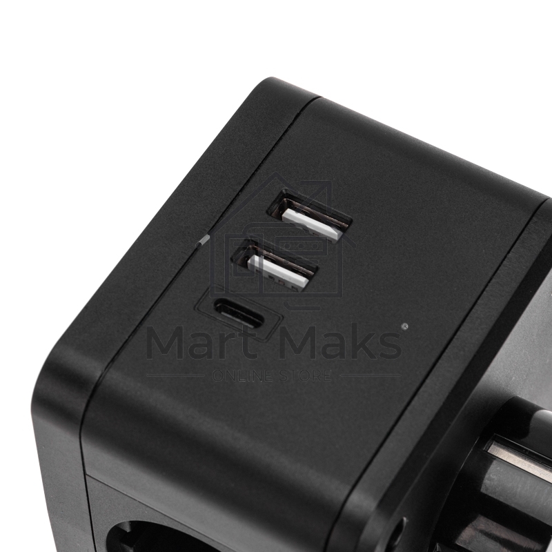 Двойник электрический Куб 16А с заземлением + 2хUSB-A 2,4А + USB Type-C 3А с ночной подсветкой, черный Rexant