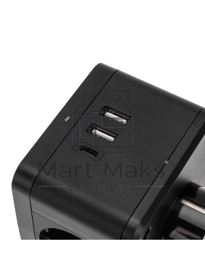 Двойник электрический Rexant Куб 16А с заземлением + 2хUSB-A 2,4А + USB Type-C 3А с ночной подсветкой, черный