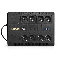Источник бесперебойного питания ExeGate NEO NNB-650.LED.AVR.8SH.CH 650VA/390W, LED, AVR, 8*Schuko, 4*USB-порта для зарядки, черный