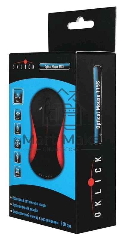 Мышь проводная Oklick 115S черный/красный, 1200 dpi, USB, кнопки - 3