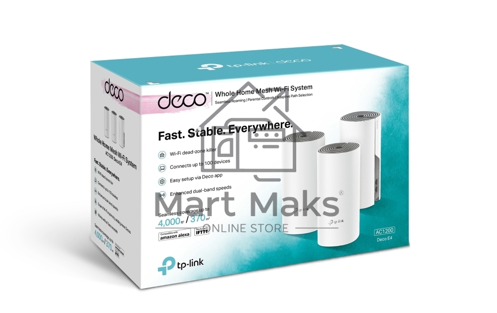 Домашняя Mesh Wi-Fi система TP-Link Deco E4 (3-Pack), 1167Мбит/с (5 ГГц: до 867 Мбит/с + 2,4 ГГц: до 300 Мбит/с), 2 порта 100 Мбит/с, 2 встроенные антенны на каждом модуле Deco