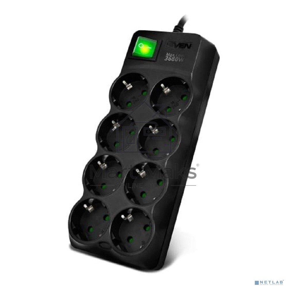 Сетевой фильтр SVEN SF-08E-16 (1,8 м 8 розеток с защитными шторками,16А) черный, цветная коробка