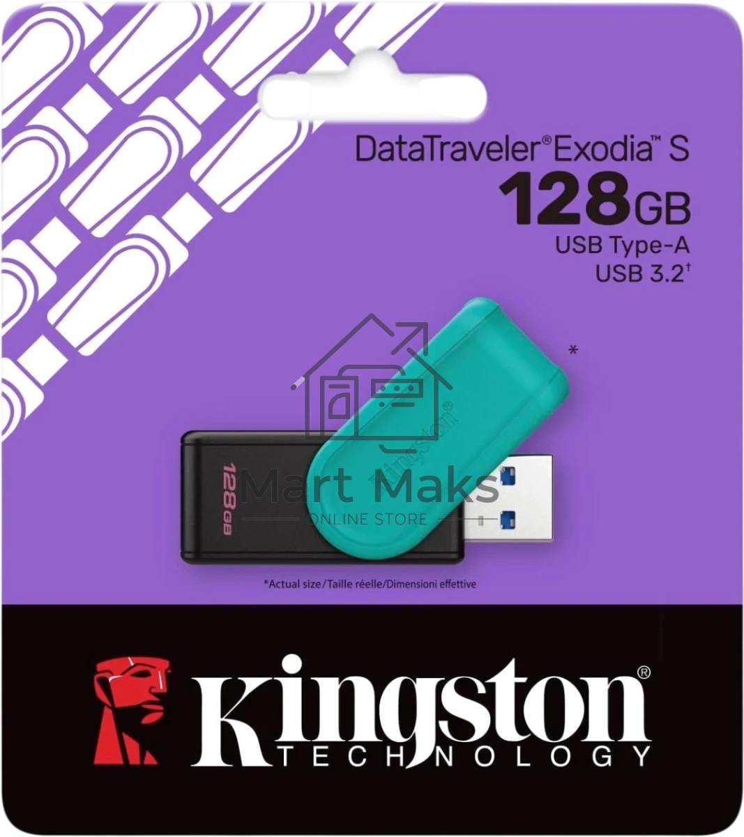 Флешка USB Kingston DataTraveler Exodia S (DTXS/128Gb), 128Gb, USB 3.2 Gen 1, R/W 150/60, бирюзовый/черный