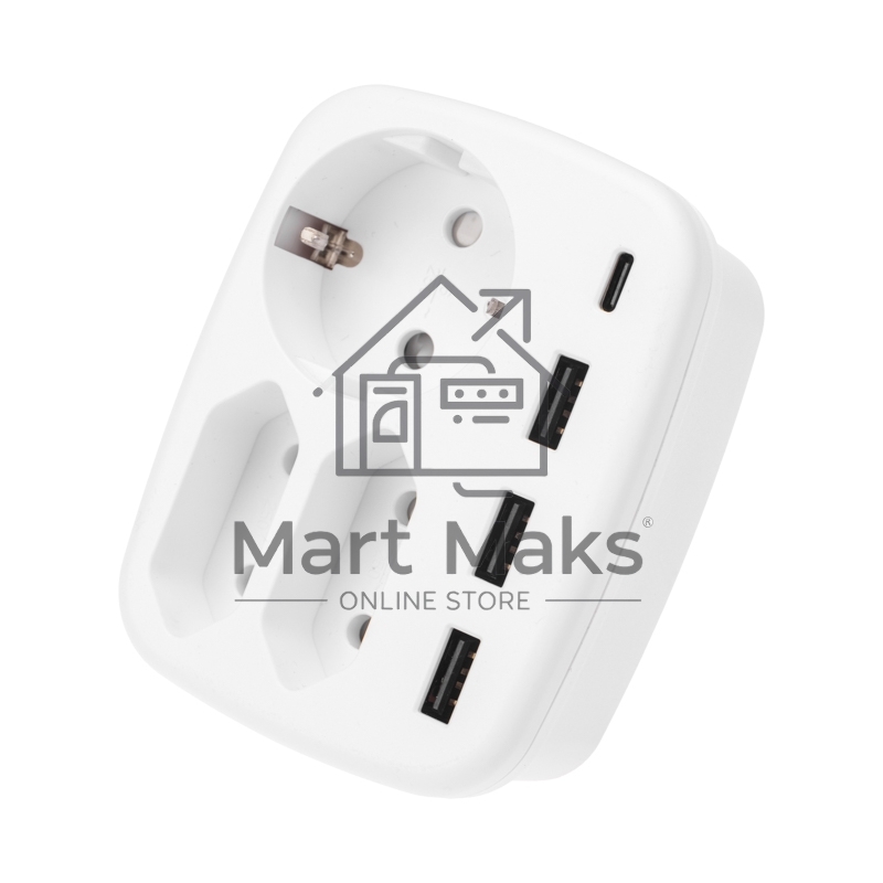 Тройник электрический 16А + 2х2,5А с заземлением + 3хUSB-A 2,4А + USB Type-C 3А, белый Rexant