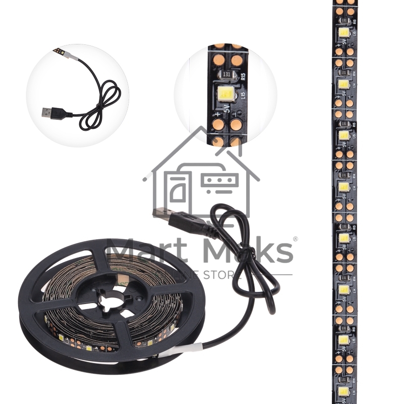 Лента LED с USB-коннектором 5 В, IP23, SMD 2835, 60 LED/м 3 м белый (6500 K) LAMPER