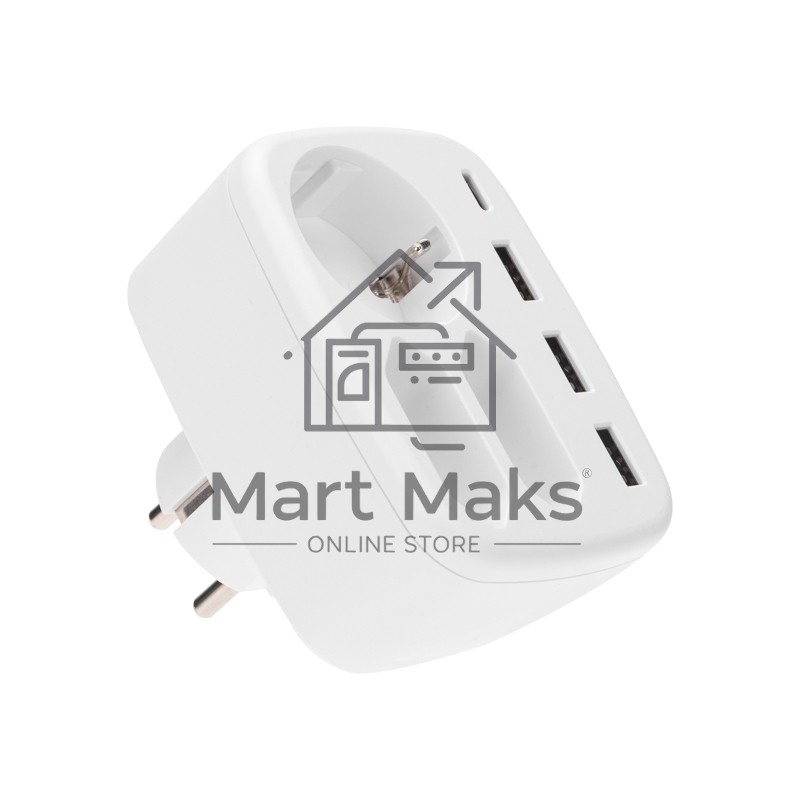 Тройник электрический 16А + 2х2,5А с заземлением + 3хUSB-A 2,4А + USB Type-C 3А, белый Rexant