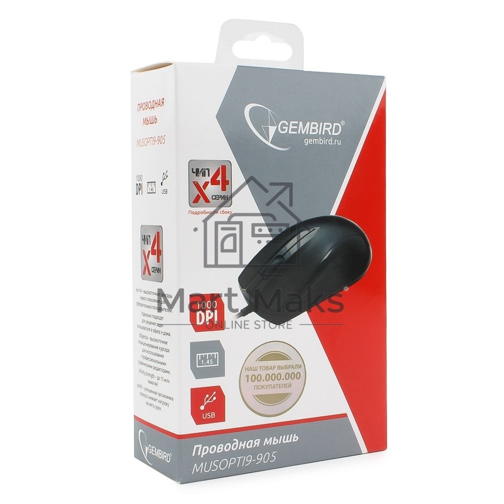 Мышь проводная Gembird MUSOPTI9-905U черный, 1000 dpi, USB, кнопки - 3