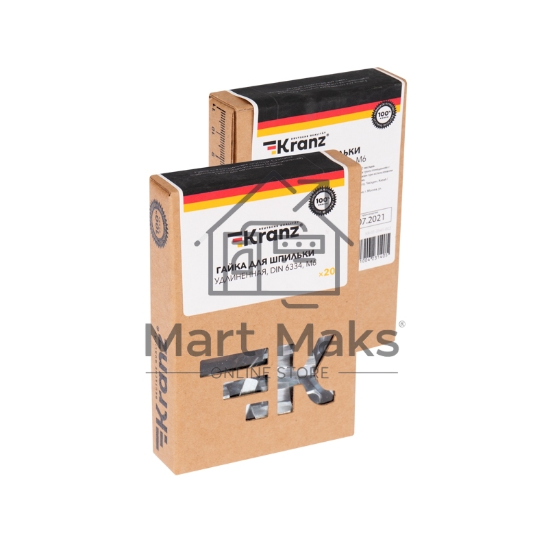 Гайка для шпильки KRANZ удлиненная М6, 1.0х10х18, короб (20 шт./уп.)