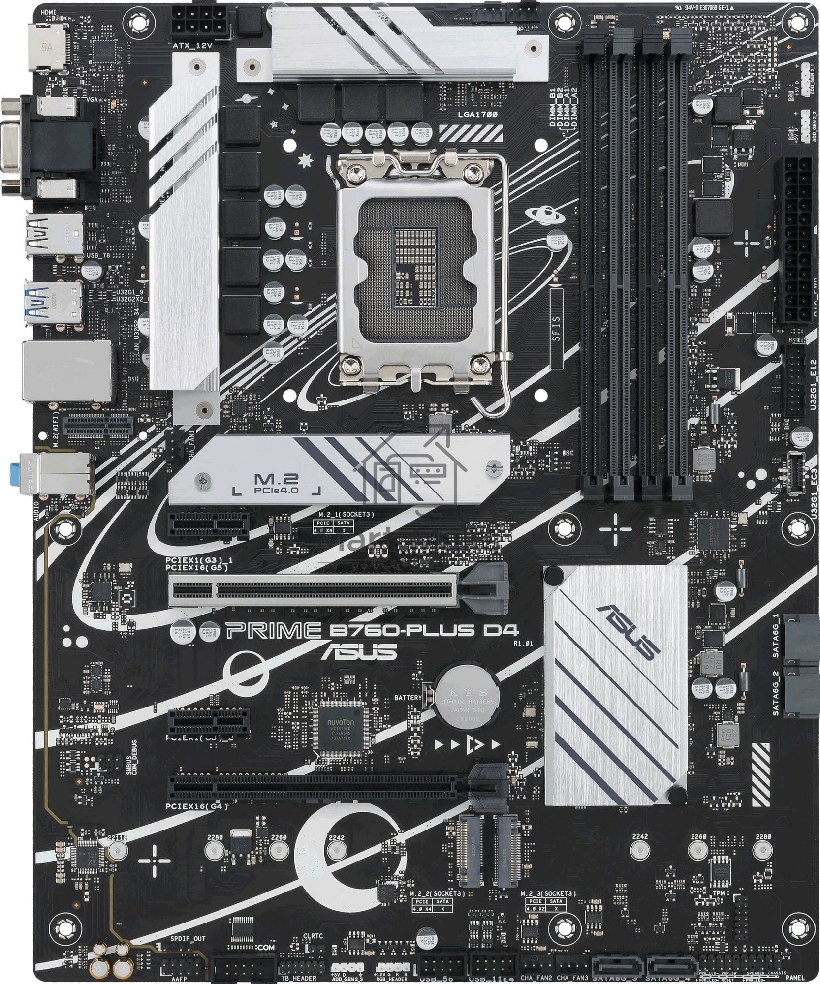 Материнская плата ASUS PRIME B760-PLUS D4, LGA 1700, Intel B760, 4xDDR4, 4xSATA, 3xM.2, 1xPCIe 4.0 x4, 1xPCIe 5.0 x16, 1xHDMI, 1xDP, 1xVGA, 1x 2.5Gb LAN, 1xUSB 3.2 Gen 2, 2xUSB-A 3.2 Gen 2, 3x3.5 мм, 7.1, ATX