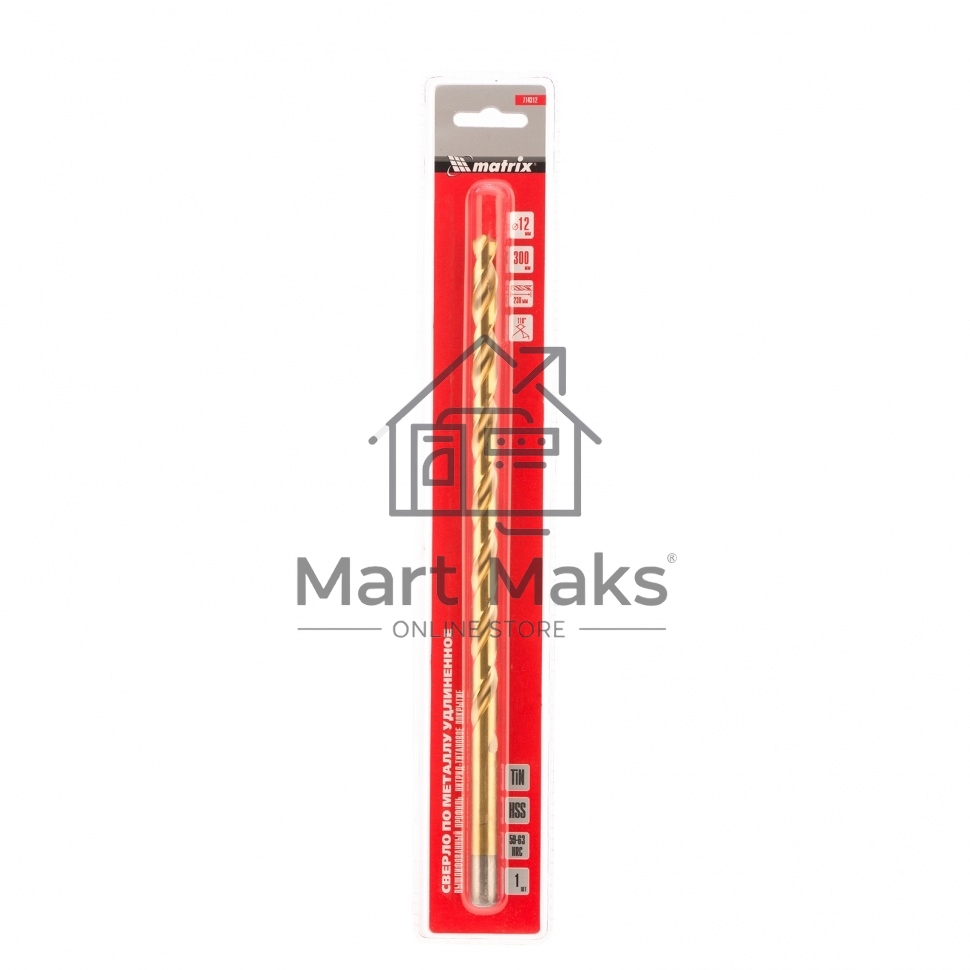 Сверло спиральное по металлу Matrix 12 x 300мм, HSS, нитридтитановое покрытие