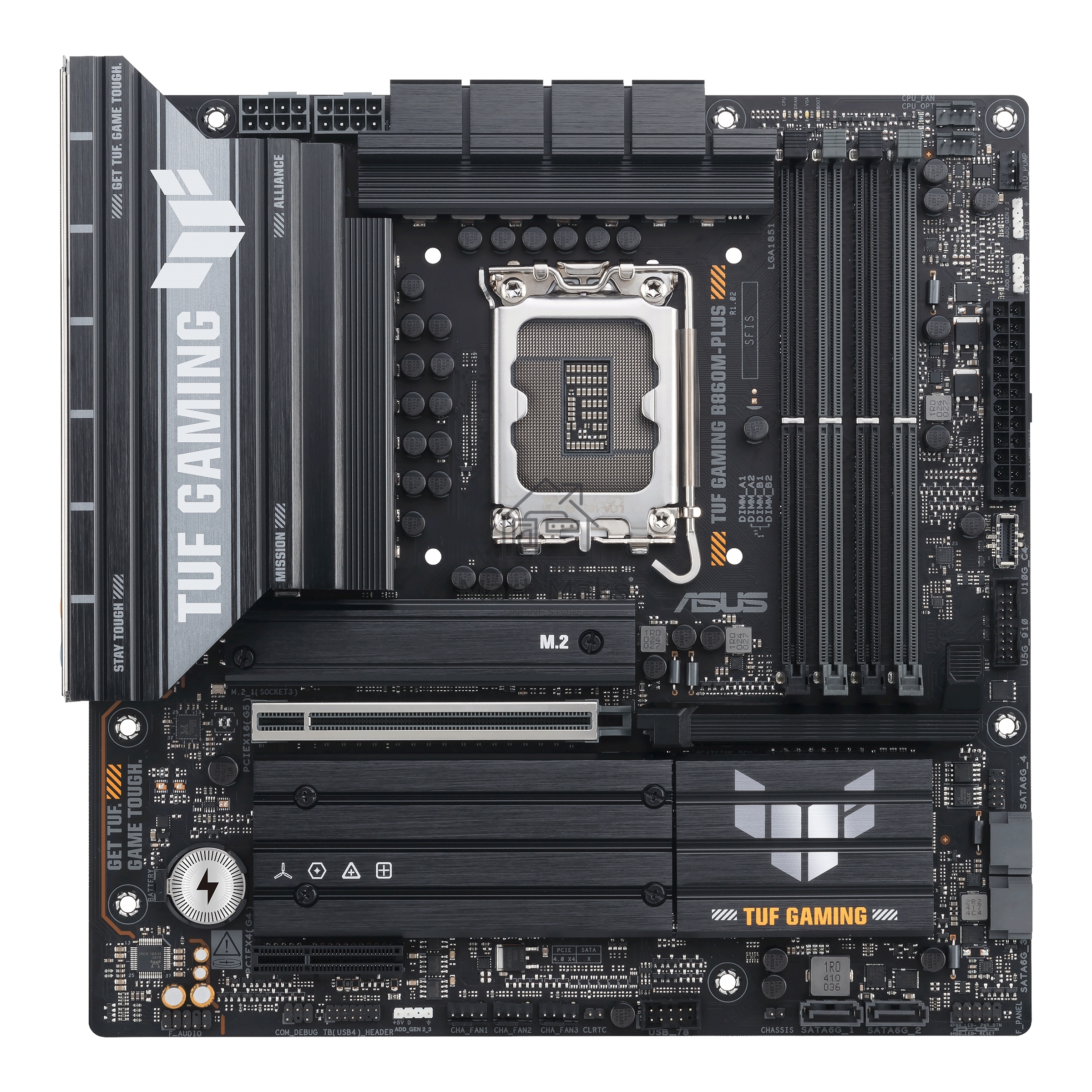 Материнская плата ASUS TUF GAMING B860M-PLUS, LGA 1851, Intel B860, 4xDDR5, 4xSATA, 3xM.2, 1xPCIe 5.0 x16, 1xPCIe x4, 1xUSB-C, 4xUSB-A 3.2 Gen 1, 2xUSB-A 3.2 Gen 2, 1xHDMI, 1xDP, 1x2.5Gb LAN, 7.1, mATX