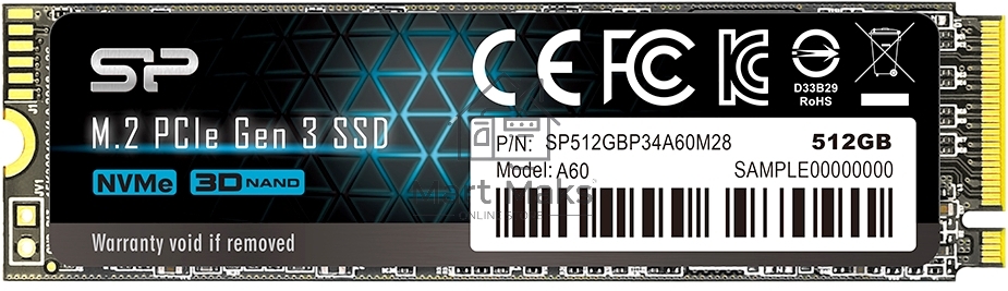 Накопитель SSD Silicon Power P34A60, 512GB, M.2 2280, PCIe 3.0 x4, NVMe, R/W 2200/1600
