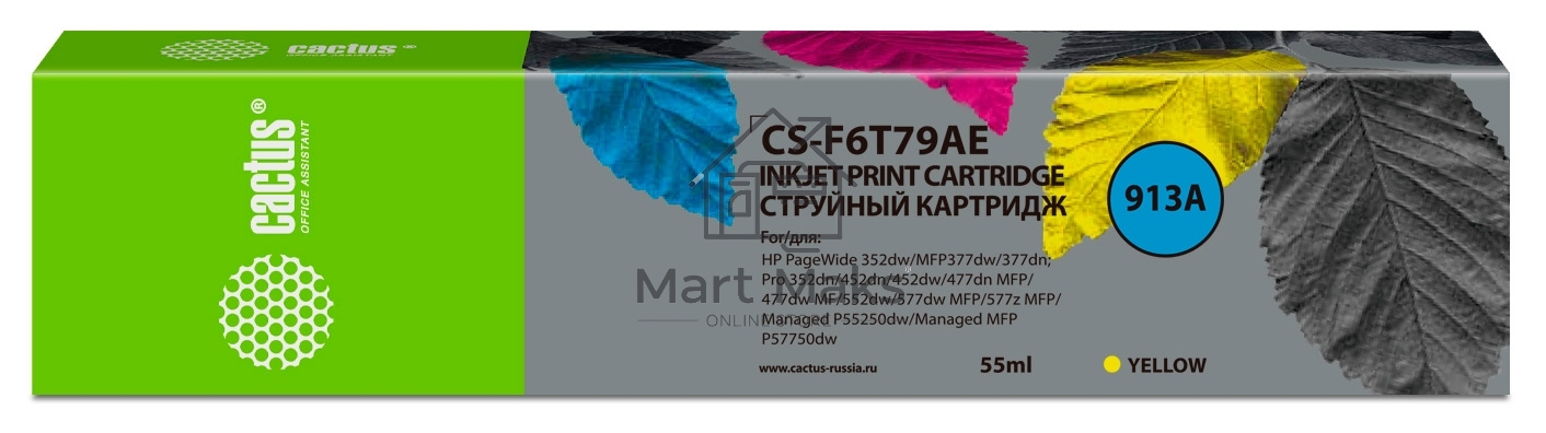 Картридж струйный Cactus CS-F6T79AE (913A) желтый (55 мл) для HP PW 352dw/377dw/Pro 477dw/452dw