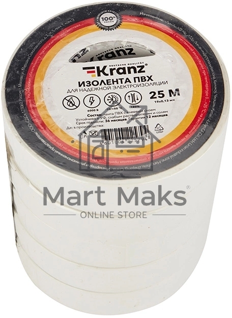 Изолента ПВХ KRANZ 0.13х19 мм, 25 м, белая (5 шт./уп.)