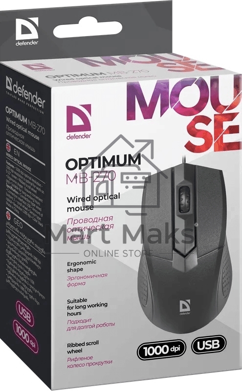 Мышь проводная Defender Optimum MB-270 черный, 1000 dpi, USB, кнопки - 3