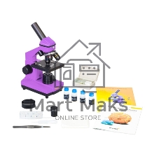 Микроскоп Levenhuk RAINBOW 2L AMETHYST/Аметист Микроскоп с предметным столиком, трехгнездным револьвером, фокусировочным механизмом, двумя источниками света с регулировкой яркости Монокулярная насадка Объективы: 4х, 10х, 40х, Увеличение микроскопа: 64-640x