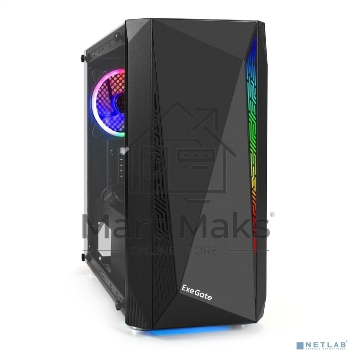 Компьютерный корпус Minitower Exegate EX294384RUS Mistery R2 (mATX, без БП, 2*USB+1*USB3.0, аудио, черный, 1 вент. 12см с RGB подсветкой и полоса на передней панели, боковая панель - закаленное стекло)