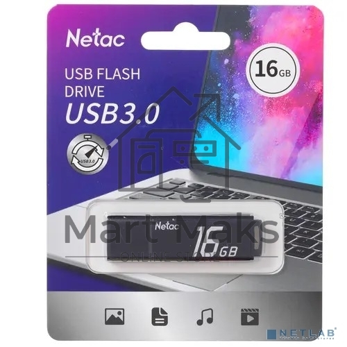 Флешка USB R/W R/W Netac U351 NT03U351N-016G-30BK, 16Gb, USB3.0, с колпачком, металлическая, чёрная