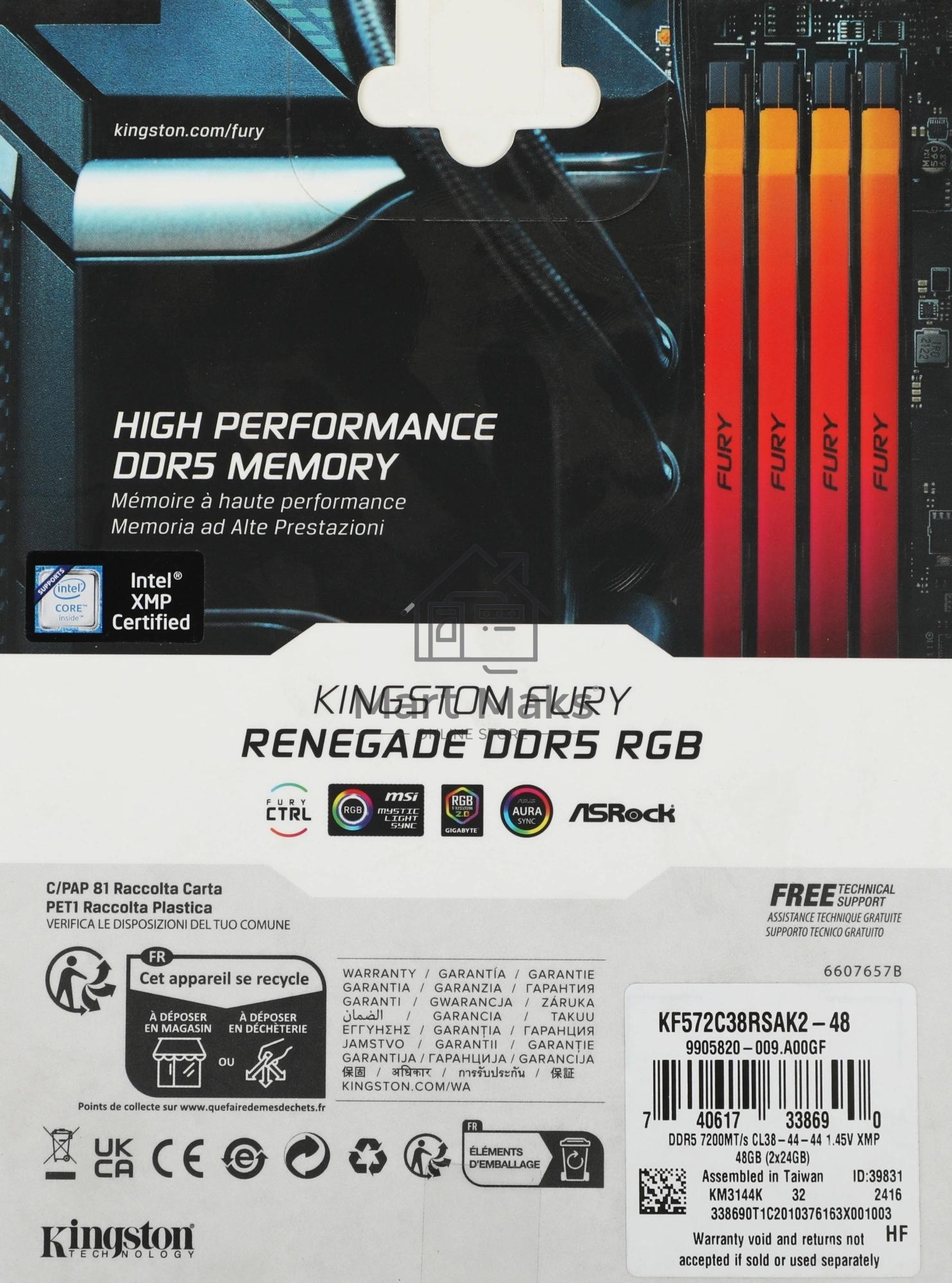 Оперативная память Kingston Fury Renegade, DDR5, 32GB (2x16GB), 7600MHz, CL38, DIMM, с радиатором, RGB, серебристый/черный