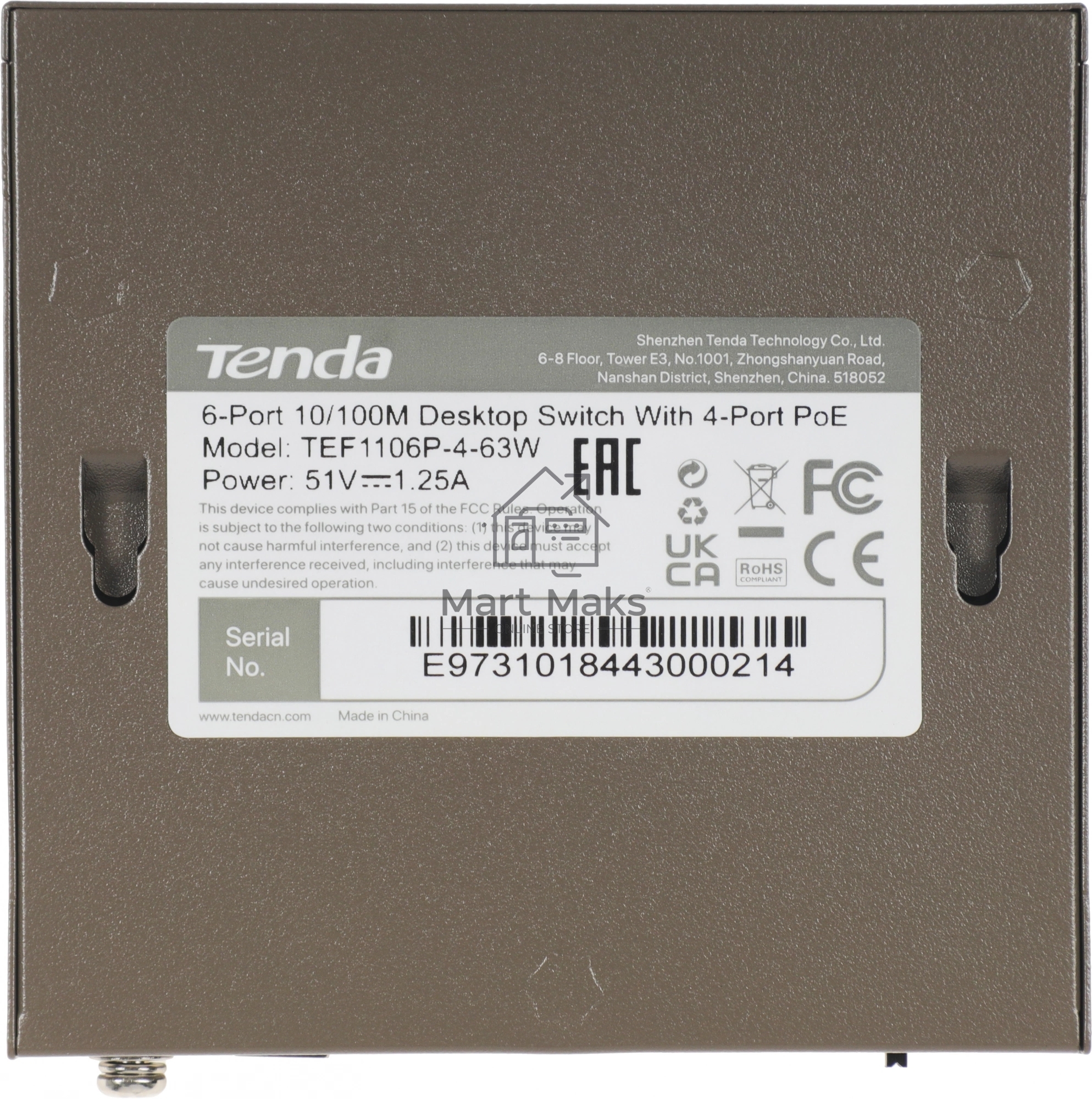 Коммутатор Tenda TEF1106P-4-63W 6PORT 100M 4POE