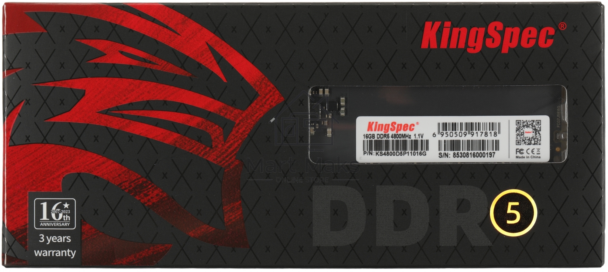 Оперативная память KingSpec DDR5, 16GB (1x16GB), 4800MHz, CL40, DIMM