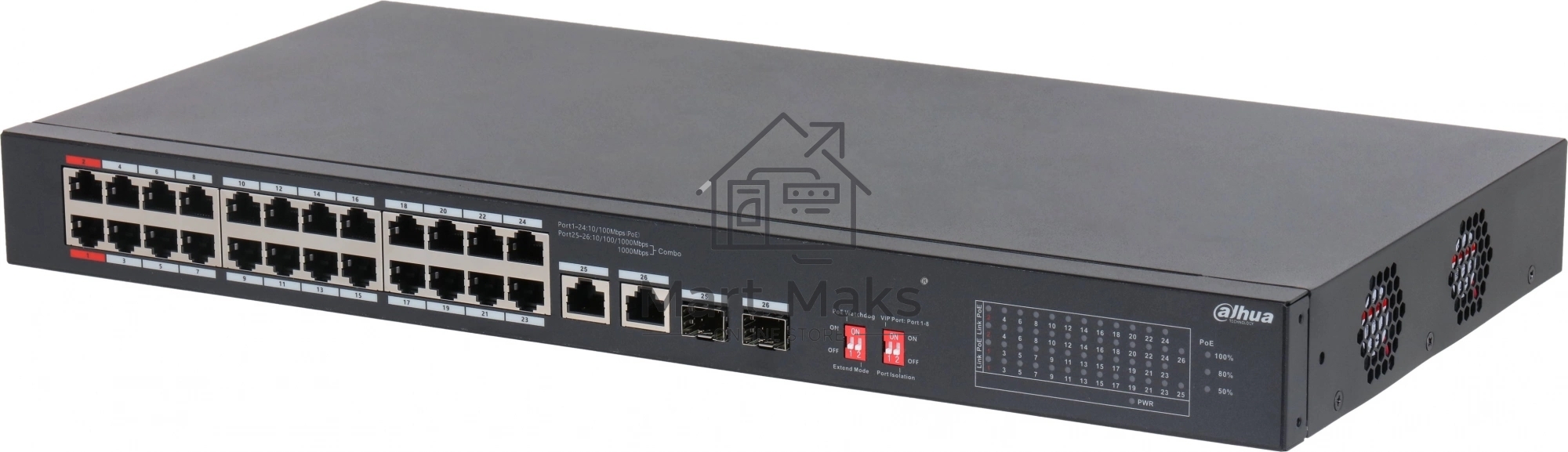 Коммутатор неуправляемый 24-портовый DAHUA DH-S3226-24ET-240 с РоЕ, 24xRJ45 100Mb PoE, 2хКомбо SFP/RJ45 1Gb uplink, суммарно 240Вт, коммутация 8.8 Гбит/с, MAC-таблица 8К