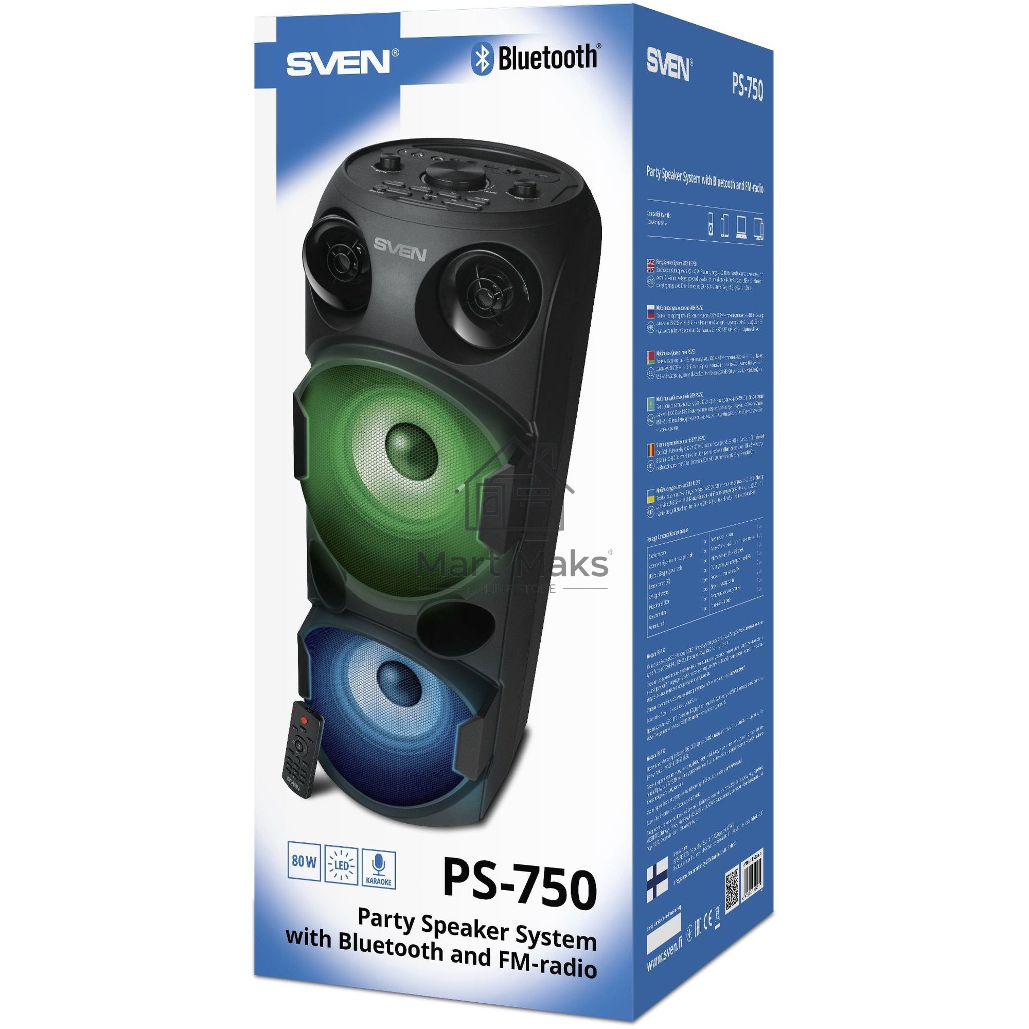Колонка АС Sven PS-750, черный (80 Вт, TWS, Bluetooth, FM, USB, microSD, LED-дисплей, 2х4400мА*ч)