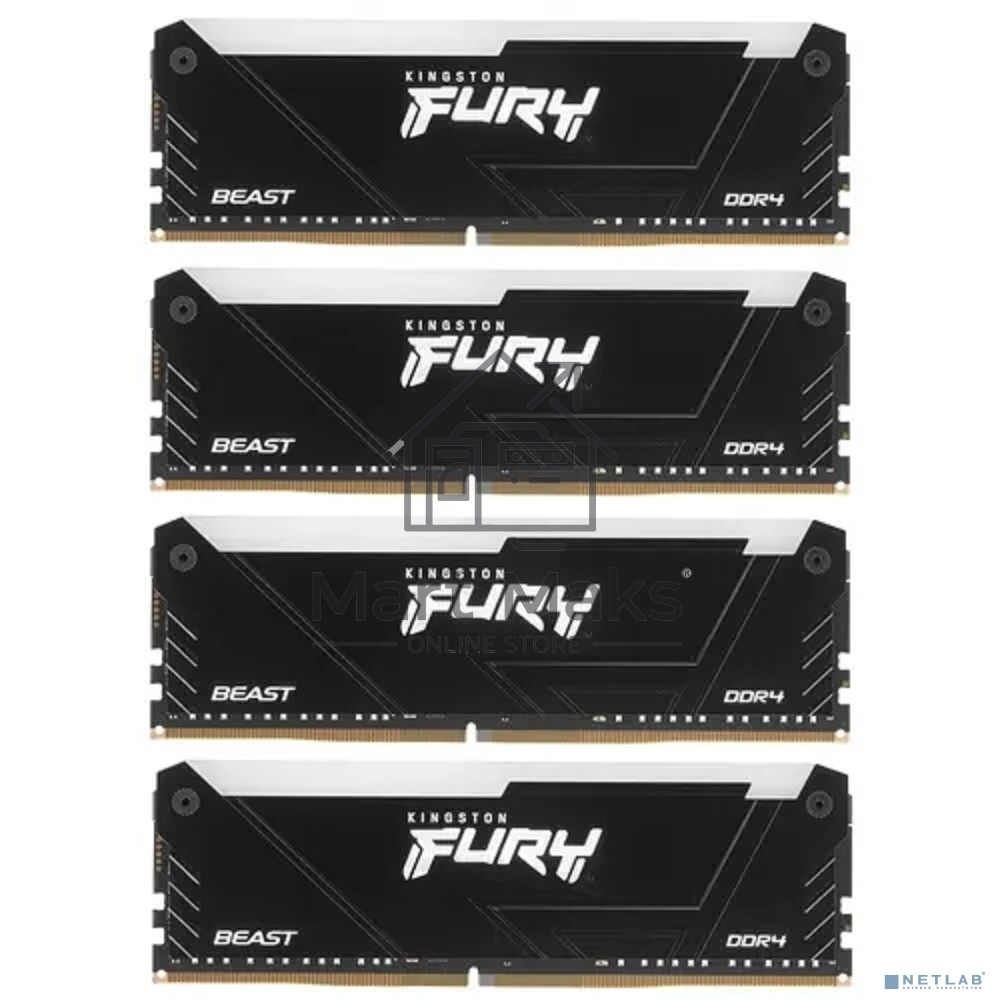 Оперативная память Kingston Fury Beast, DDR4, 32GB (4x8GB), 3200MHz, CL16, DIMM, с радиатором, RGB, черный