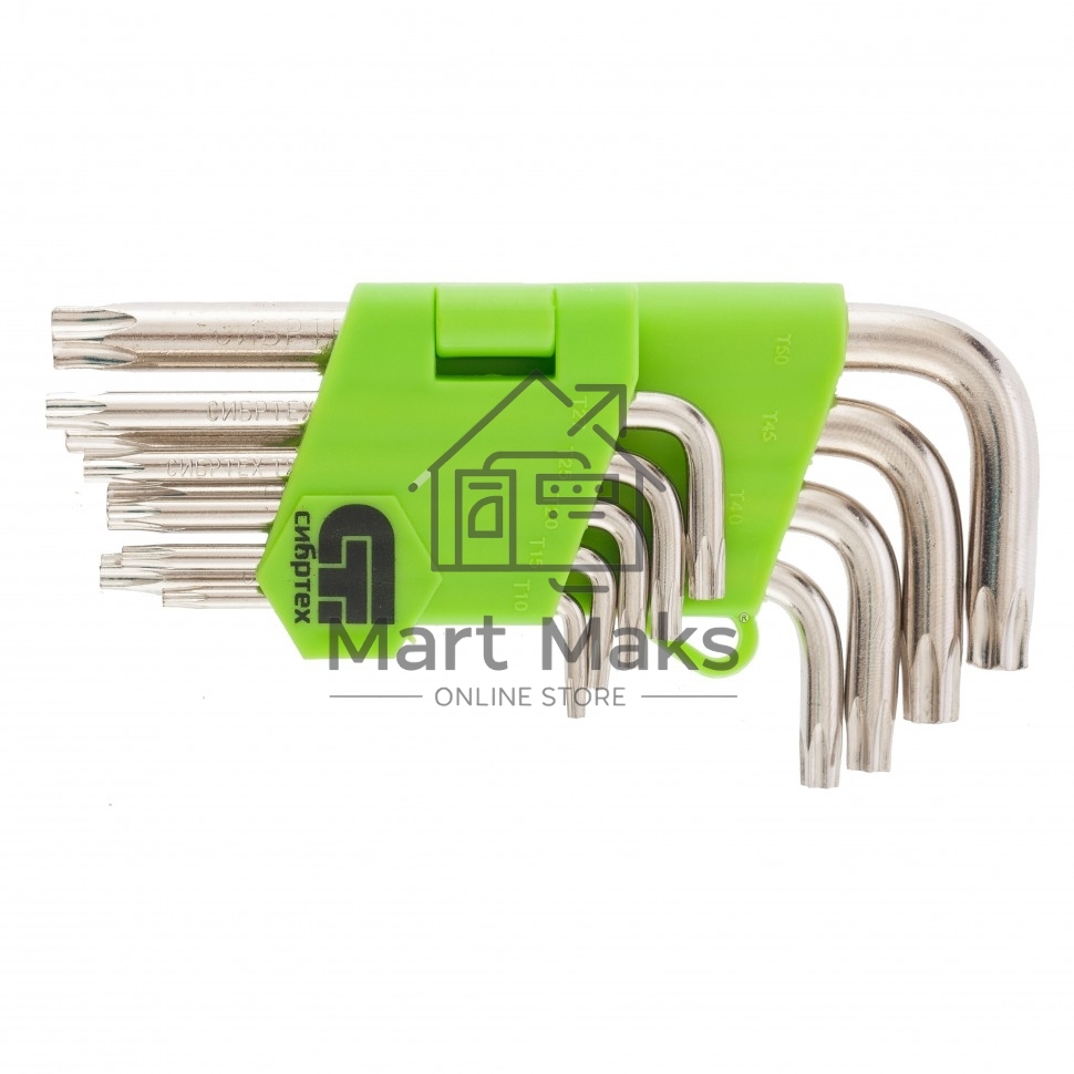 Набор ключей имбусовых Tamper-Torx, 9 шт., TT10-TТ50, 45x, закаленные, короткие, никель Сибртех