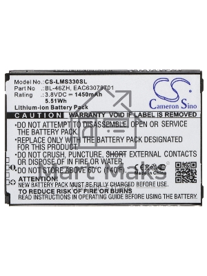 Аккумулятор CameronSinoCS-LMS330SL BL-46ZH для LG AS330, AS3753.8V / 1450mAh / 5.51Wh