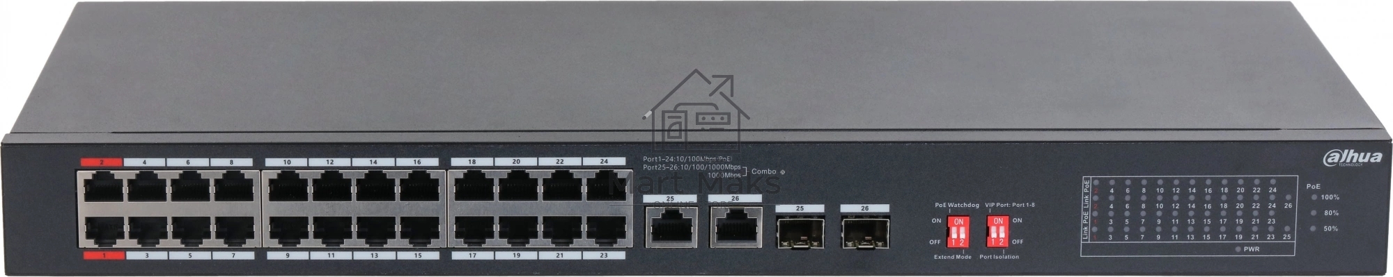 Коммутатор неуправляемый 24-портовый DAHUA DH-S3226-24ET-240 с РоЕ, 24xRJ45 100Mb PoE, 2хКомбо SFP/RJ45 1Gb uplink, суммарно 240Вт, коммутация 8.8 Гбит/с, MAC-таблица 8К