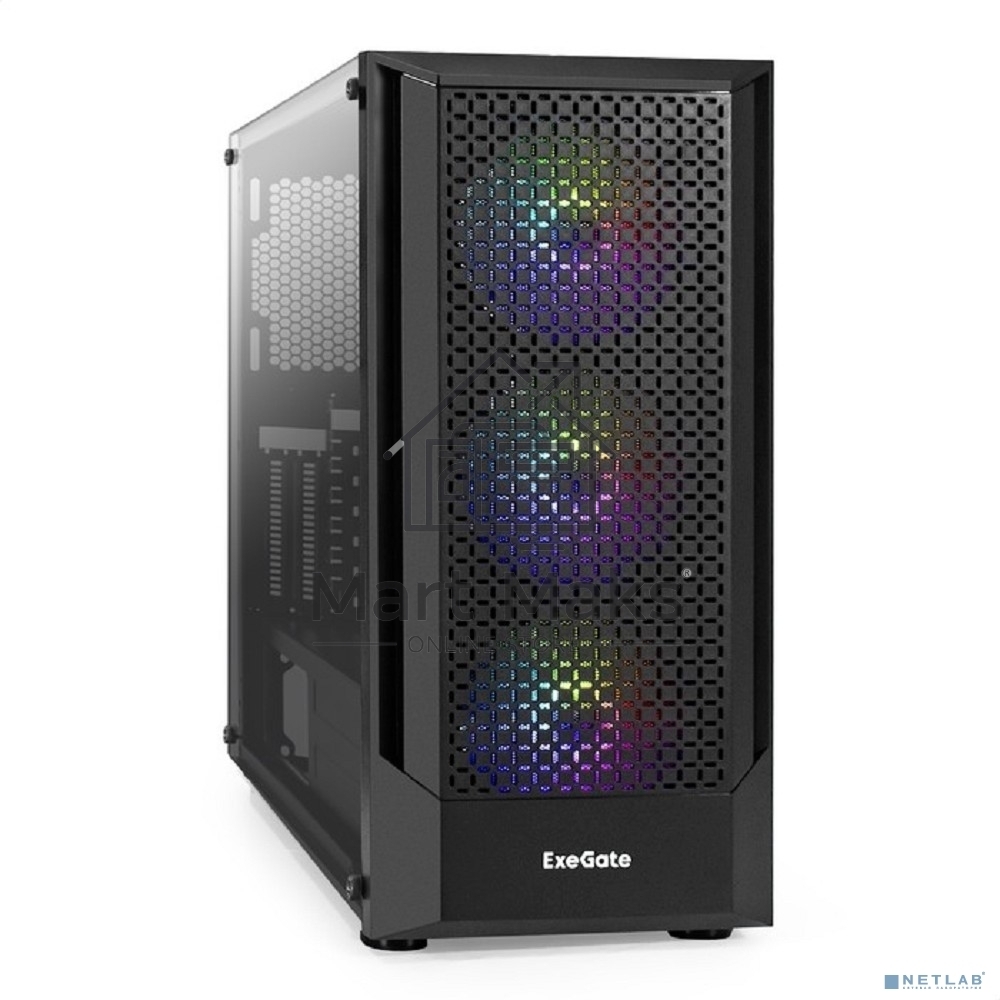 Компьютерный корпус Miditower ExeGate EVO-8227 (ATX, без БП, 2*USB+1*USB3.0+HD Audio, черный, 3 вент. с RGB подсветкой, боковая панель - закаленное стекло)