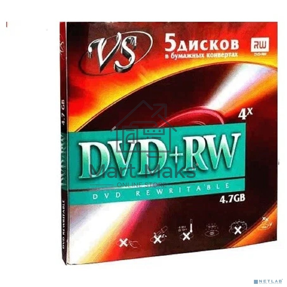 Диск DVD+RW VS 4.7 Gb, 4x, Конверт (5), (5/250).