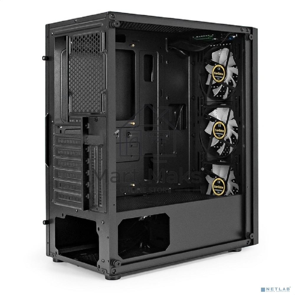 Компьютерный корпус Miditower ExeGate EVO-8227 (ATX, без БП, 2*USB+1*USB3.0+HD Audio, черный, 3 вент. с RGB подсветкой, боковая панель - закаленное стекло)